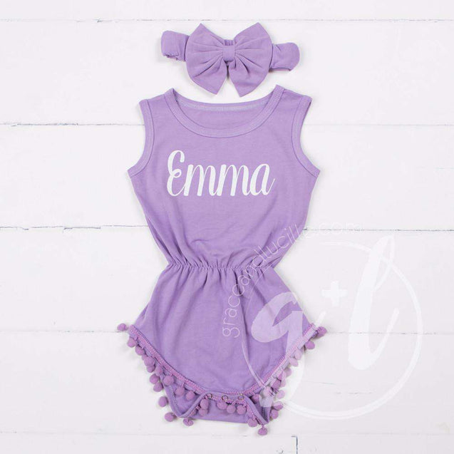 Pom Pom Romper Set Personalized with her Name in Gold & Big Bow Headband, Purple - Grace and Lucille