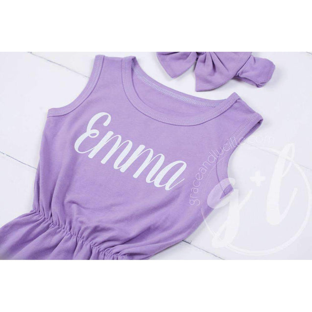 Pom Pom Romper Set Personalized with her Name in Gold & Big Bow Headband, Purple - Grace and Lucille