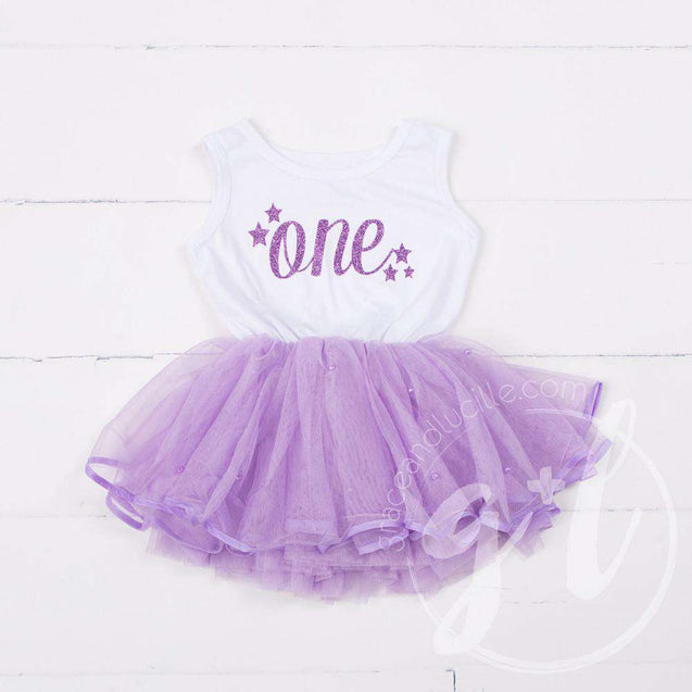 1st Birthday Dress Purple Starry Script "ONE" White Sleeveless with attached Purple Tutu - Grace and Lucille