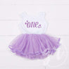 1st Birthday Dress Purple Starry Script "ONE" White Sleeveless with attached Purple Tutu - Grace and Lucille