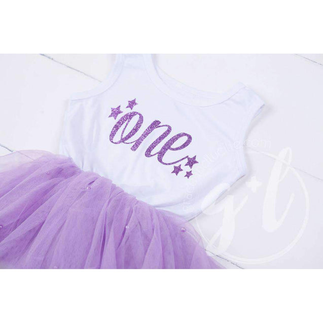 1st Birthday Dress Purple Starry Script "ONE" White Sleeveless with attached Purple Tutu - Grace and Lucille
