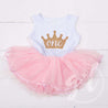 1st Birthday Dress Gold  Crown "ONE" White Sleeveless with attached Pink Tutu - Grace and Lucille