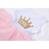 1st Birthday Dress Gold  Crown "ONE" White Sleeveless with attached Pink Tutu - Grace and Lucille