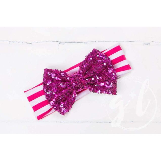 Magenta Sequined Bow on Magenta & White Striped Headband - Grace and Lucille