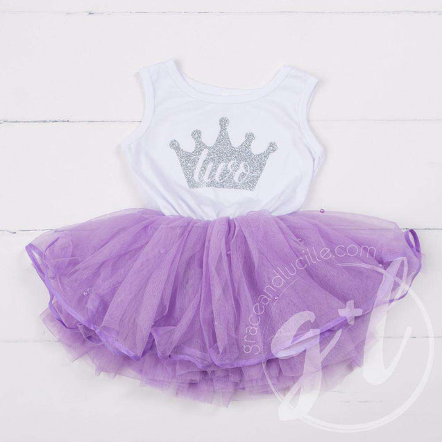 Birthday Dress Silver Crown with her AGE on Sleeveless White Top with Purple Tutu - Grace and Lucille