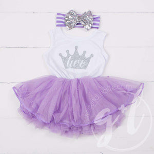 Birthday Dress Silver Crown with her AGE on Sleeveless White Top with Purple Tutu - Grace and Lucille