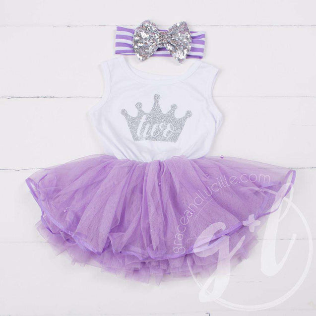 Birthday Dress Silver Crown with her AGE on Sleeveless White Top with Purple Tutu - Grace and Lucille
