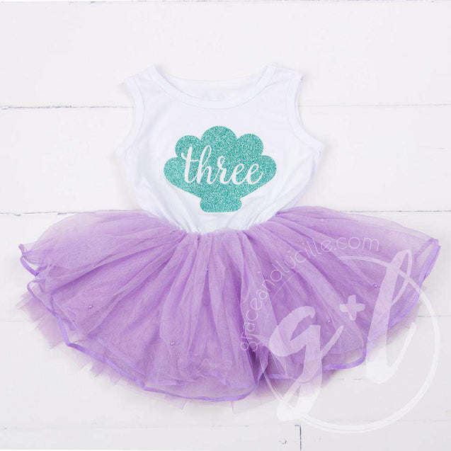3rd Birthday Dress Aqua Mermaid Shell on Sleeveless White Top with Purple Tutu - Grace and Lucille