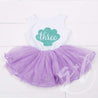 3rd Birthday Dress Aqua Mermaid Shell on Sleeveless White Top with Purple Tutu - Grace and Lucille