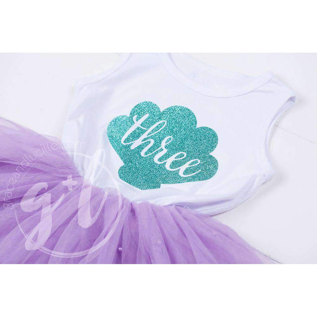 3rd Birthday Dress Aqua Mermaid Shell on Sleeveless White Top with Purple Tutu - Grace and Lucille
