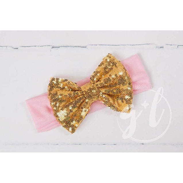 Gold Sequined Bow on Solid Pink Headband - Grace and Lucille