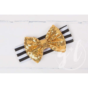 Gold Sequined Bow on Black & White Striped Headband - Grace and Lucille