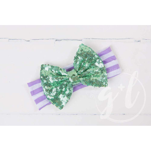 Aqua Sequined Bow on Purple & White Striped Headband - Grace and Lucille