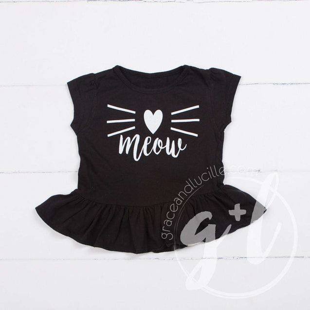 Black Peplum Tee Shirt with "MEOW" Cat in White - Grace and Lucille