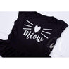 Black Peplum Tee Shirt with "MEOW" Cat in White - Grace and Lucille