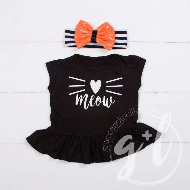 Black Peplum Tee Shirt with "MEOW" Cat in White - Grace and Lucille