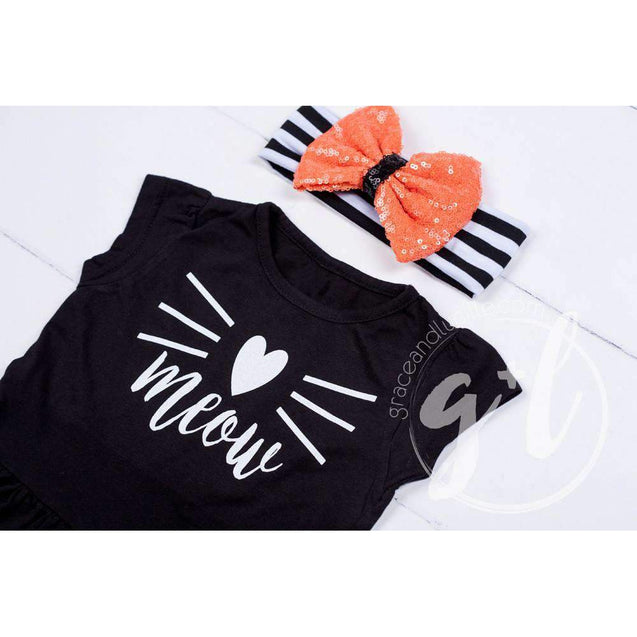 Black Peplum Tee Shirt with "MEOW" Cat in White - Grace and Lucille