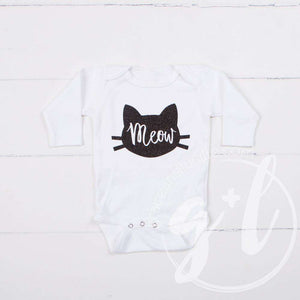 White Long Sleeved Onesie with "MEOW" Cat Outline in Black - Grace and Lucille