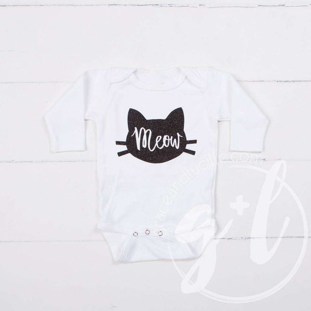 White Long Sleeved Onesie with "MEOW" Cat Outline in Black - Grace and Lucille