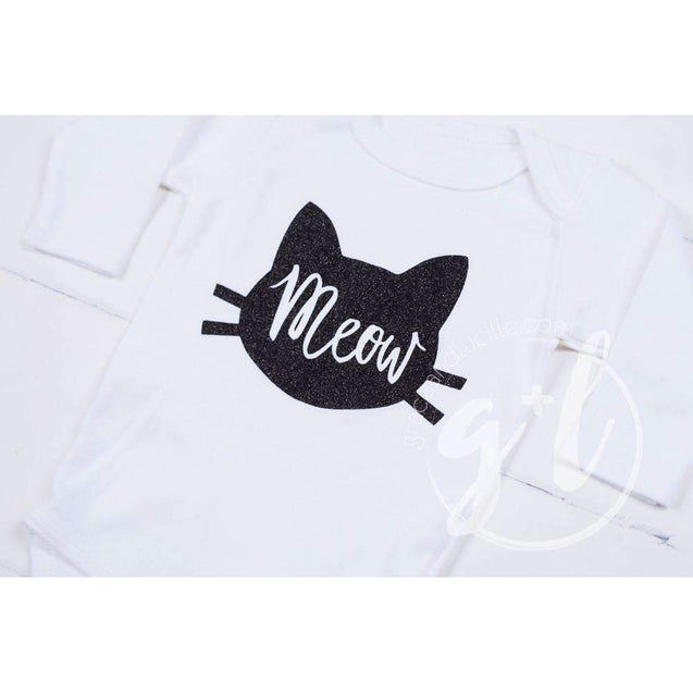 White Long Sleeved Onesie with "MEOW" Cat Outline in Black - Grace and Lucille
