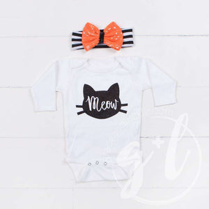 Halloween Black Cat "Meow" Long Sleeve Onesie & Orange Sequin Bow on Black Stripe Headband - Grace and Lucille