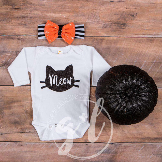 White Long Sleeved Onesie with "MEOW" Cat Outline in Black - Grace and Lucille