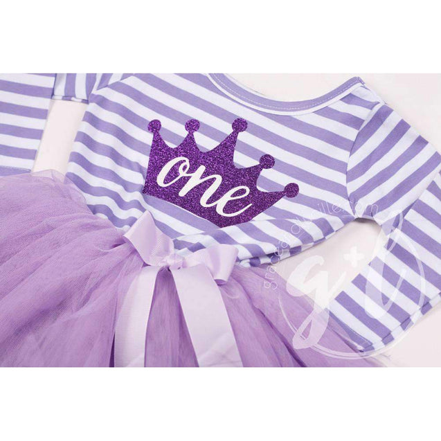 1st Birthday Dress Purple Crown "ONE"  Purple Striped Long Sleeves - Grace and Lucille