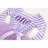 1st Birthday Dress Purple  Script "ONE" Purple Striped Long Sleeves - Grace and Lucille