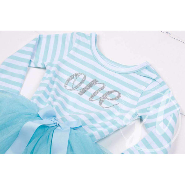 1st Birthday Dress Silver Script "ONE" Aqua Striped Long Sleeves - Grace and Lucille