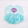 1st Birthday Mermaid Dress Purple Sea Shell "ONE" Aqua Striped Long Sleeves - Grace and Lucille