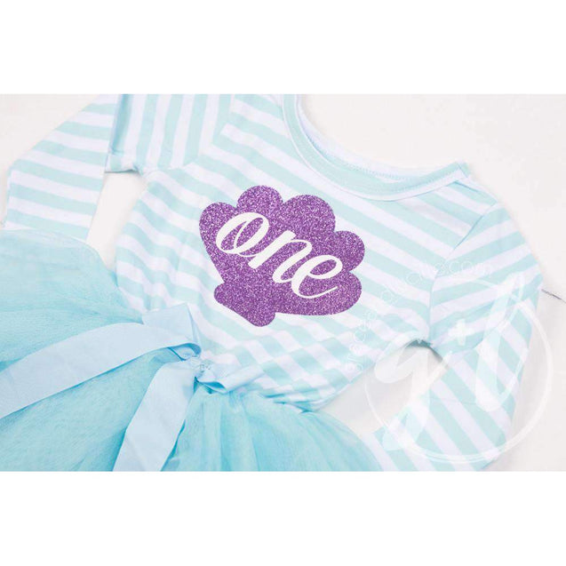 1st Birthday Mermaid Dress Purple Sea Shell "ONE" Aqua Striped Long Sleeves - Grace and Lucille