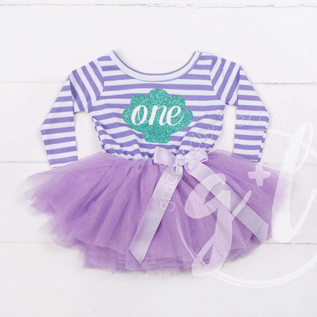 1st Birthday Mermaid Dress Aqua Sea Shell "ONE" Purple Striped Long Sleeves - Grace and Lucille