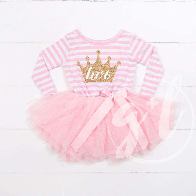 2nd Birthday Dress Gold Crown 'TWO" on Pink Striped Sleeveless - Grace and Lucille