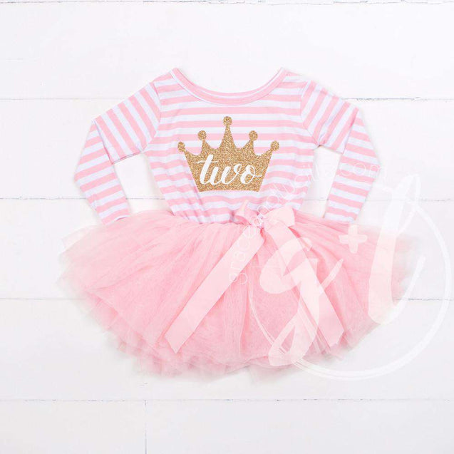 2nd Birthday Dress Gold Crown"TWO" Pink Striped Long Sleeve - Grace and Lucille
