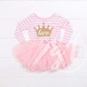 2nd Birthday Dress Gold Crown"TWO" Pink Striped Long Sleeve - Grace and Lucille