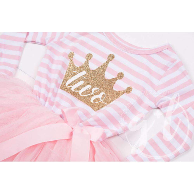 2nd Birthday Dress Gold Crown"TWO" Pink Striped Long Sleeve - Grace and Lucille