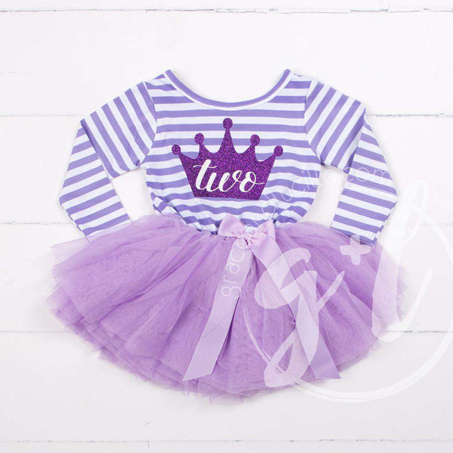 2nd Birthday Dress Purple Crown "TWO"  Purple Striped Long Sleeves - Grace and Lucille