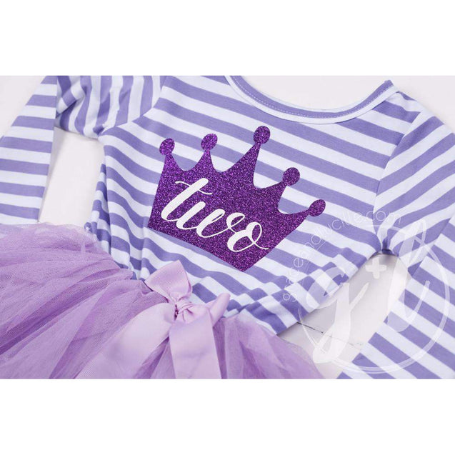 2nd Birthday Dress Purple Crown "TWO"  Purple Striped Long Sleeves - Grace and Lucille
