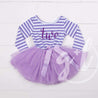 2nd Birthday Dress Purple Script "TWO" Purple Striped Long Sleeves - Grace and Lucille