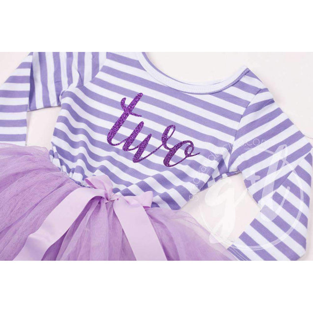 2nd Birthday Dress Purple Script "TWO" Purple Striped Long Sleeves - Grace and Lucille