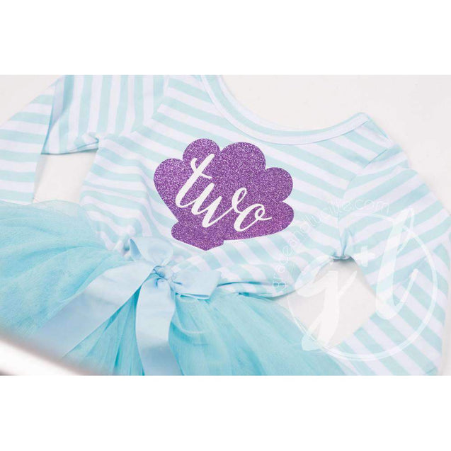 2nd Birthday Mermaid Dress Purple Sea Shell "TWO" Aqua Striped Long Sleeves - Grace and Lucille