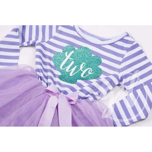 2nd Birthday Mermaid Dress Aqua Sea Shell "TWO" Purple Striped Long Sleeves - Grace and Lucille