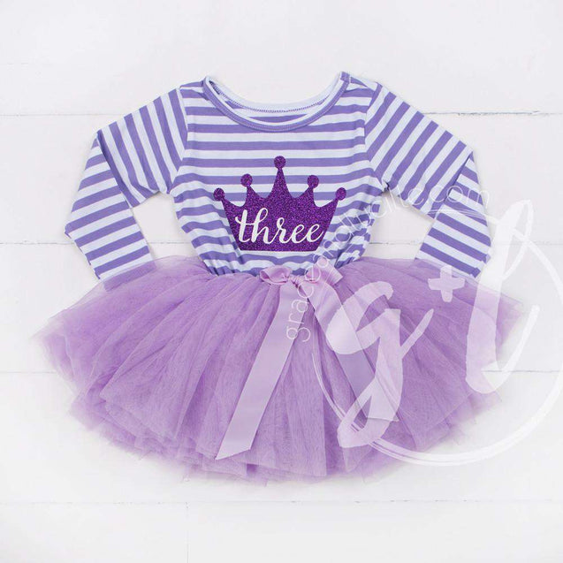 3rd Birthday Dress Purple Crown "THREE"  Purple Striped Long Sleeves - Grace and Lucille