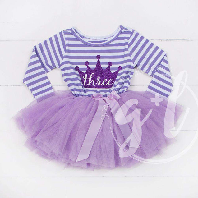 3rd Birthday Dress Purple Crown "THREE" on Purple Striped Sleeveless - Grace and Lucille