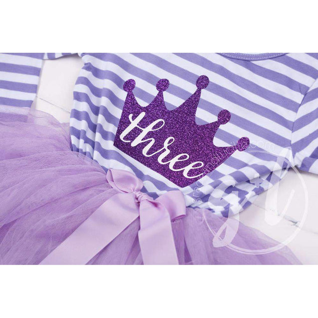 3rd Birthday Dress Purple Crown "THREE"  Purple Striped Long Sleeves - Grace and Lucille