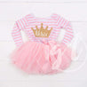 3rd Birthday Dress Gold Crown "THREE" Pink Striped Long Sleeve - Grace and Lucille
