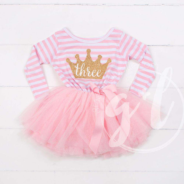 3rd Birthday Dress Gold Crown "THREE" Pink Striped Sleeveless - Grace and Lucille