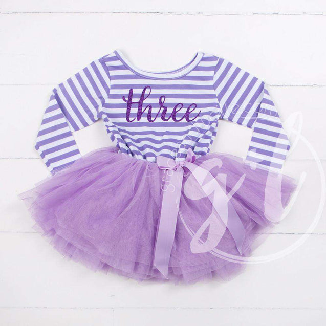 3rd Birthday Dress Purple Script "THREE" Purple Striped Long Sleeves - Grace and Lucille