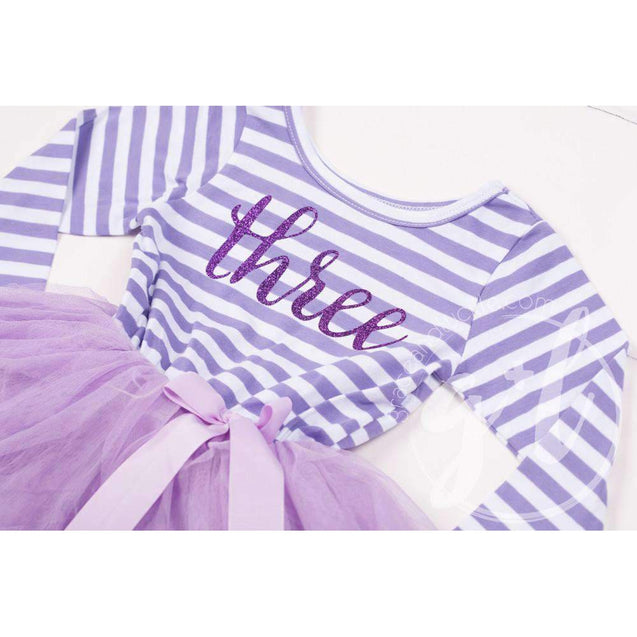 3rd Birthday Dress Purple Script "THREE" Purple Striped Long Sleeves - Grace and Lucille