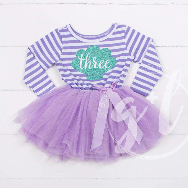 3rd Birthday Mermaid Dress Aqua Sea Shell "THREE" Purple Striped Long Sleeves - Grace and Lucille